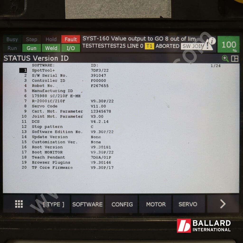 FANUC teach pendant under power software display SpotTool+ software with Advanced DCS Collision Guard Pack ADV-CP Speed Ctrl ADV-CP Path Ctrl Extended Axis Control Multi-Group Motion