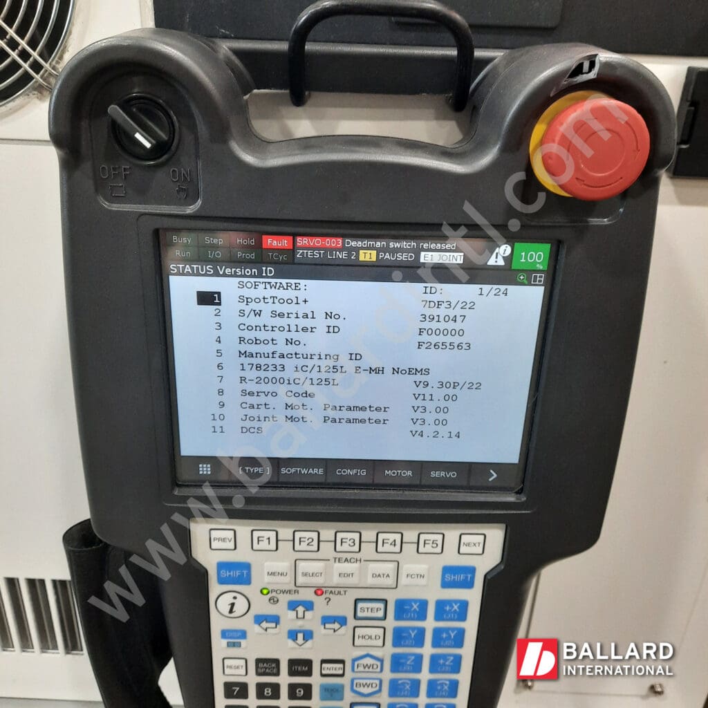 FANUC used industrial robot complete system R-2000iC/125L with R30iB plus controller, teach pendant under power SpotTool+ software options display F265563